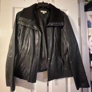 Imitation leather jacket with knit collar